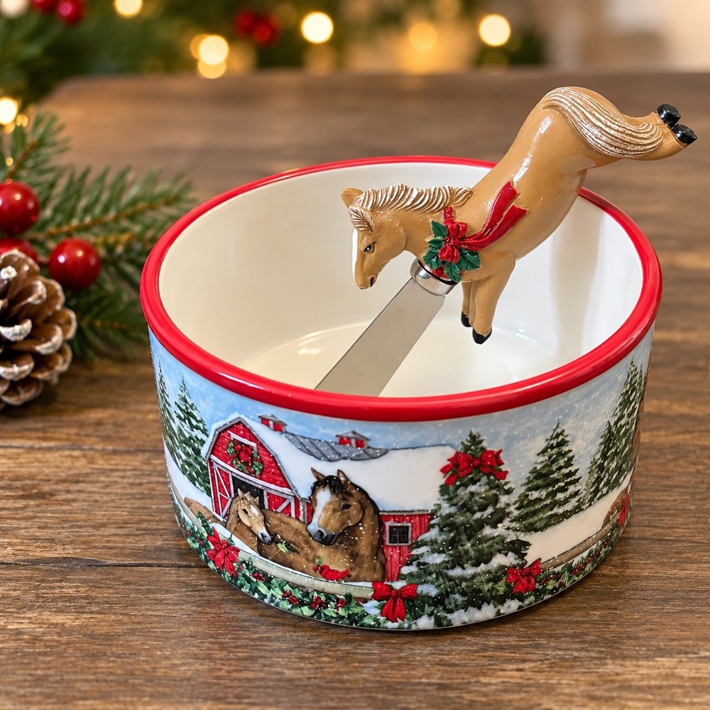 Homestead Christmas Ceramic Horse Dip Bowl With Spreader Holiday Farm Scene Box